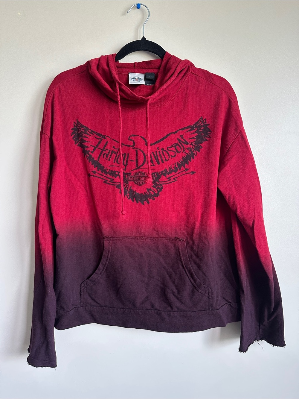 Harley-Davidson Red to Dark Ombre Crewneck Hoodie with Black Eagle Graphic